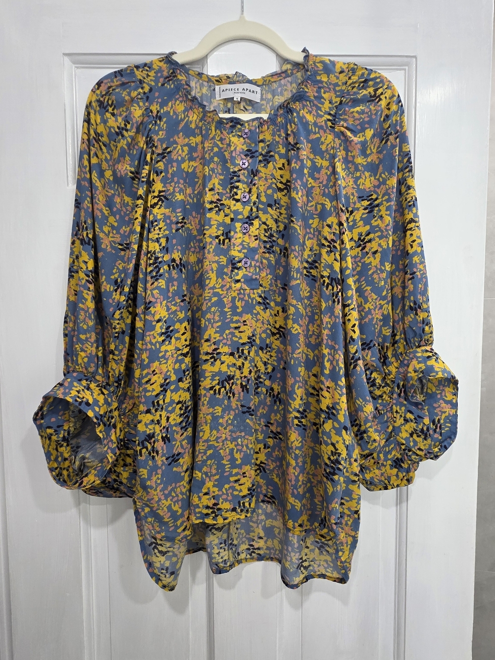 Apiece Apart Blue and Yellow Floral Ruffle-Neck Blouse
